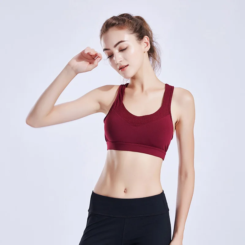 Бесшовный спортивный бюстгальтер Топ для фитнеса женский без спинки бегущий кроп топы тренажерный зал ВОРКАУТ, отжимания бюстгальтер для занятий йогой с вкладышами с высоким ударом крест-накрест - Цвет: Wine red