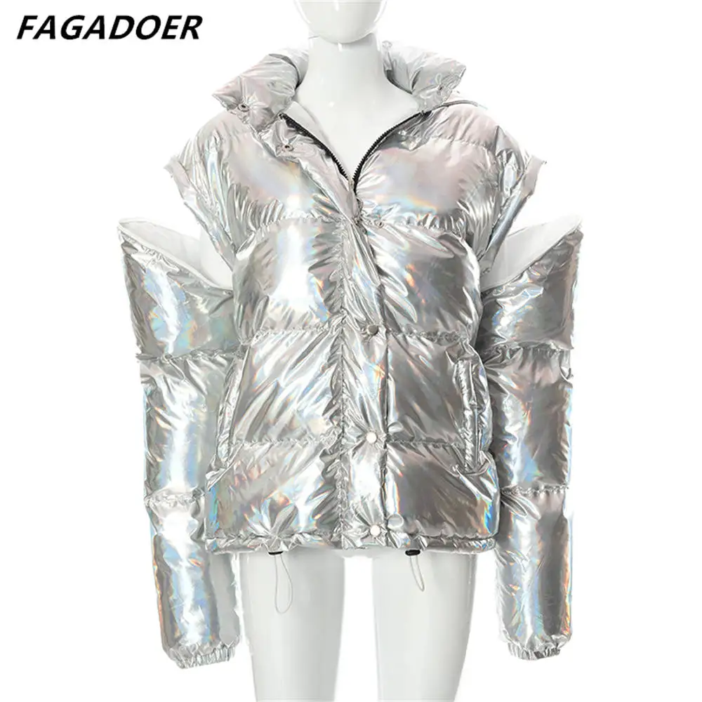 FAGADOER Winter New Glossy Loose Jacket Fashion Detachable Puffer Coat Hooded Parkas Warm Coat Female Silver Streetwear Padded