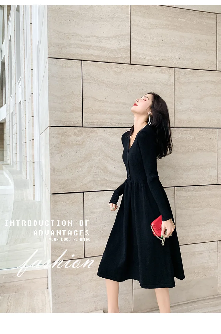 

Autumn Winter V-neck Maxi Sweater Dress Women OL Female Long Sweater Dress with Single Breasted Elegant A-line Solid Slim Dress