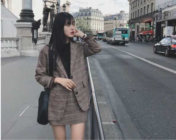 Falda a cuadros trajes de niñas Vintage mujer otoño elegante de las mujeres conjuntos de (por separado) de las mujeres de dos piezas trajes de 2 piezas trajes para las mujeres