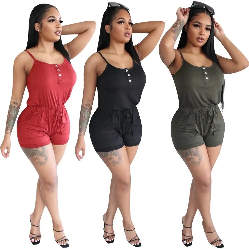 

2020 Women solid spaghetti strap button splicing elastic high waist playsuit fashion streetwear bodysuit one piece romper