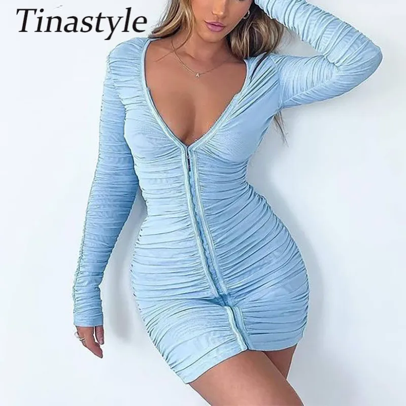 

Женское Двухслойное Сетчатое платье Tinastyle, осенне-зимнее облегающее платье с длинным рукавом, короткое повседневное уличное платье, 2021