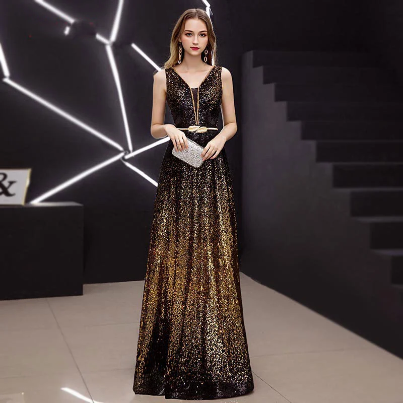 

New Sequined V-neck Sleeveless Sexy Evening Dress With Double-shoulder V-neck Halter And Simple Temperament