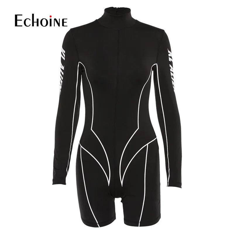 

Echoine Letter Print Long Sleeve Sexy Rompers Women Jumpsuit Short Zipper Fitness Lady Black Bodycon Female Jumpsuit Playsuit