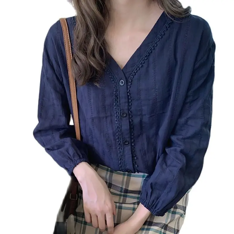 

Женская хлопковая рубашка на пуговицах, белая Свободная блузка с V-образным вырезом и длинным рукавом, 2021