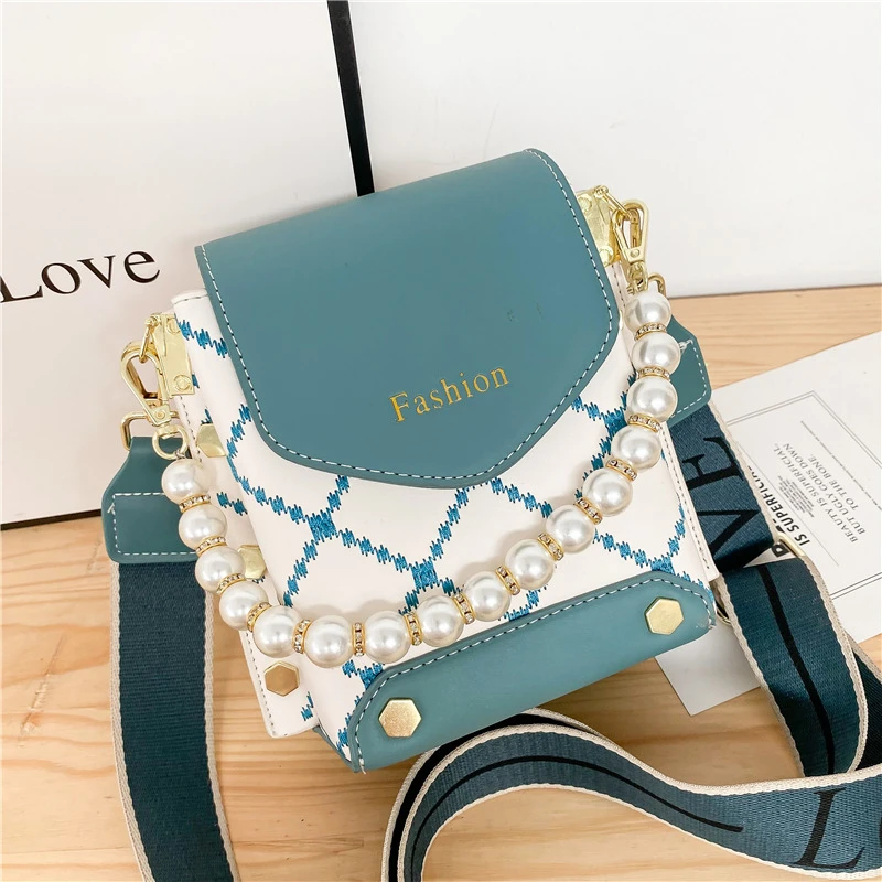 

Mini Embroidery Lingge PU Leather Crossbody Shoulder Bag with Short Beading Belt for Women 2021 Simple Handbags and Purses