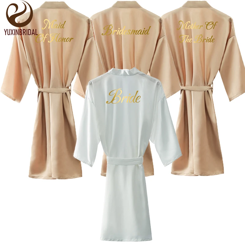 

YUXINBRIDAL 2020 New Rose Gold Satin Silk Bride Robes Wedding Gift Bridesmaid Robes Bridal Robes Slippers Gold Print Sleepwear