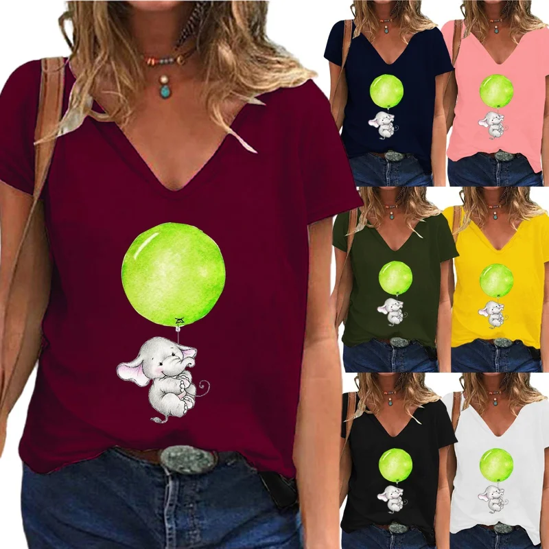 

Summer Fashion Womens Clothing Cartoon Printed Casual T-shirt Short Sleeve V-Neck Tops Ladies Plus Size Solid Color Blouse