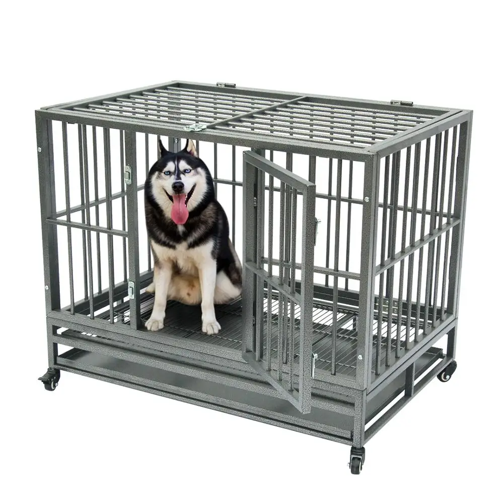 

42 inch Pet Dog Cage House with Tray Secure Dog Metal Crates Double-Door Kennel Dog House for Small Large Dogs with Wheels