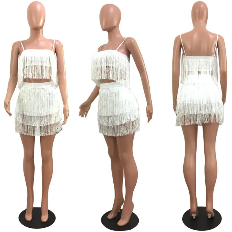 White YEYA tassels комплект из двух предметов для женщин Спагетти ремень открытая спина укороченный топ Высокая талия черные шорты комбинезон сексуальный 2 шт. наряды Комбинезоны - Цвет: White