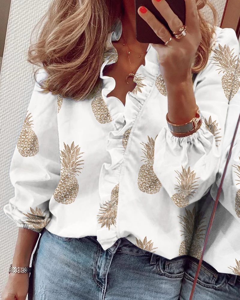 

2020 Women Fashion Elegant Mock Neck Pineapple Casual Blouse Officewear Ruffle Pineapple Print Long Sleeve Ruffles Casual Blouse