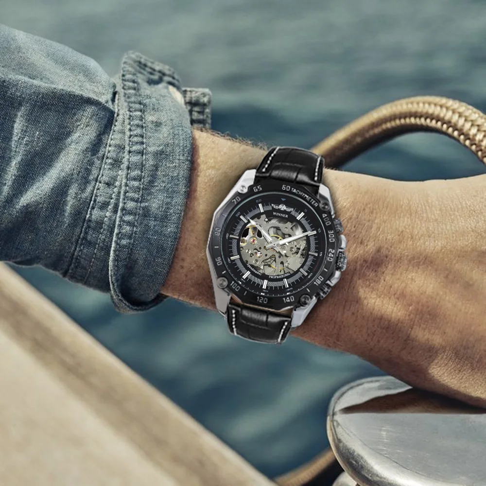 WINNER Cool Black мужские модные автоматические механические часы кожаный ремешок супер