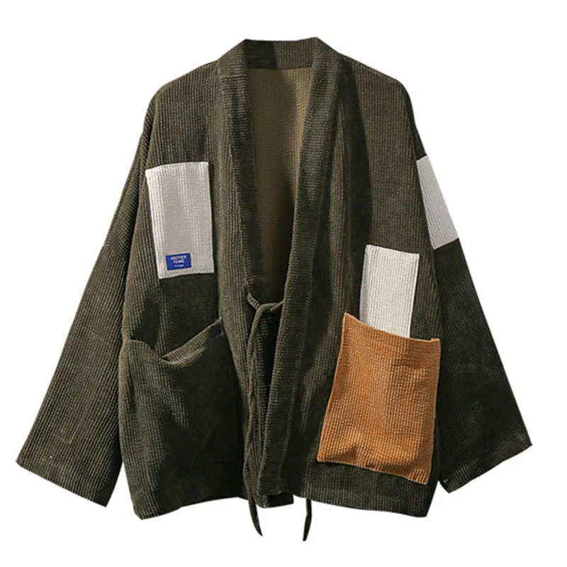 

Japan Style Men Corduroy Kimono Jacket Color-blocking Patched Design Drop Shoulder Haori Oversize Loose Thin Coat