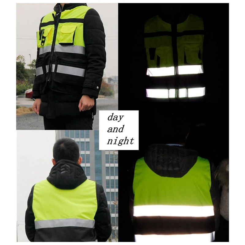 

7 Pockets Class 2 High Visibility Zipper Front Safet Yellow Vest With Reflective Strips.Ansi/Isea Standards (Large)
