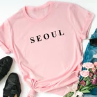 Женские футболки с принтом из сеула и букв, хлопковая Футболка в Корейском стиле с графическим рисунком, белые футболки больших размеров, летние модные женские топы