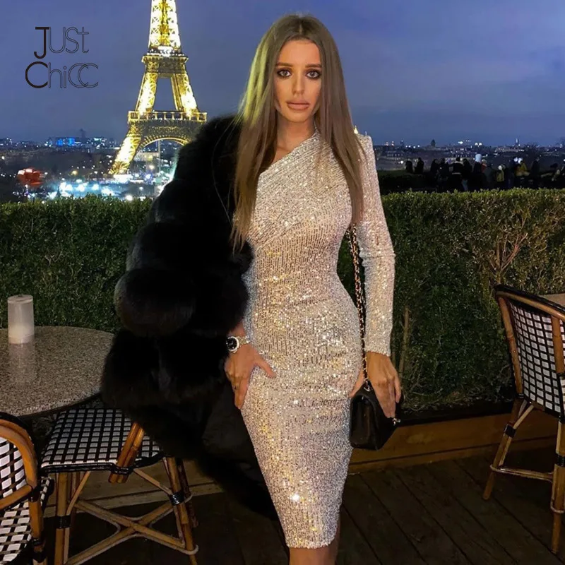 

Justchicc Sequined Ruched One Shoulder Midi Dress Women Irregular Soft Bodycon Dresses Backless High Waist Sexy Party Vestidos