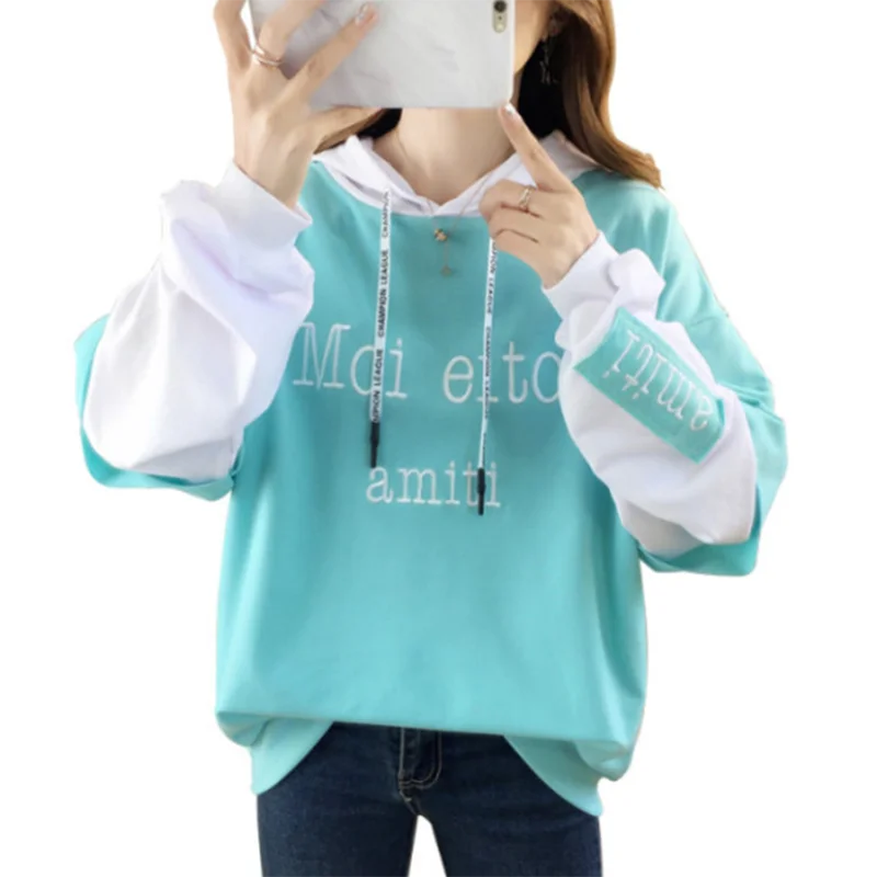 

Spring autumn women's thin hoodies Sweatshirt loose plus size long-sleeved Sweatshirt loose student fake two-piece Tops coat