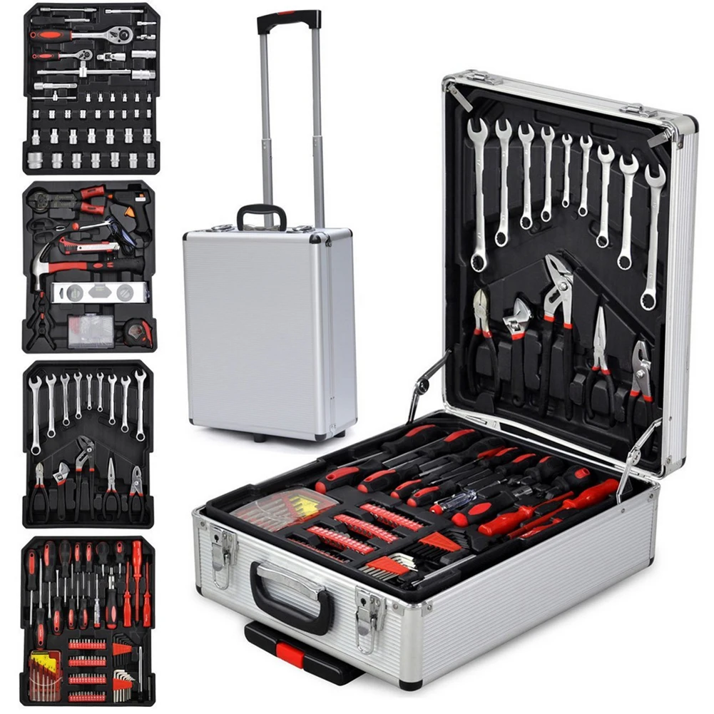 

799pcs Aluminum Trolley Case Tool Set Silver Adjustable Wrench Pliers Socket Inserts Magnetic Screwdrivers Pressure Fast deliver
