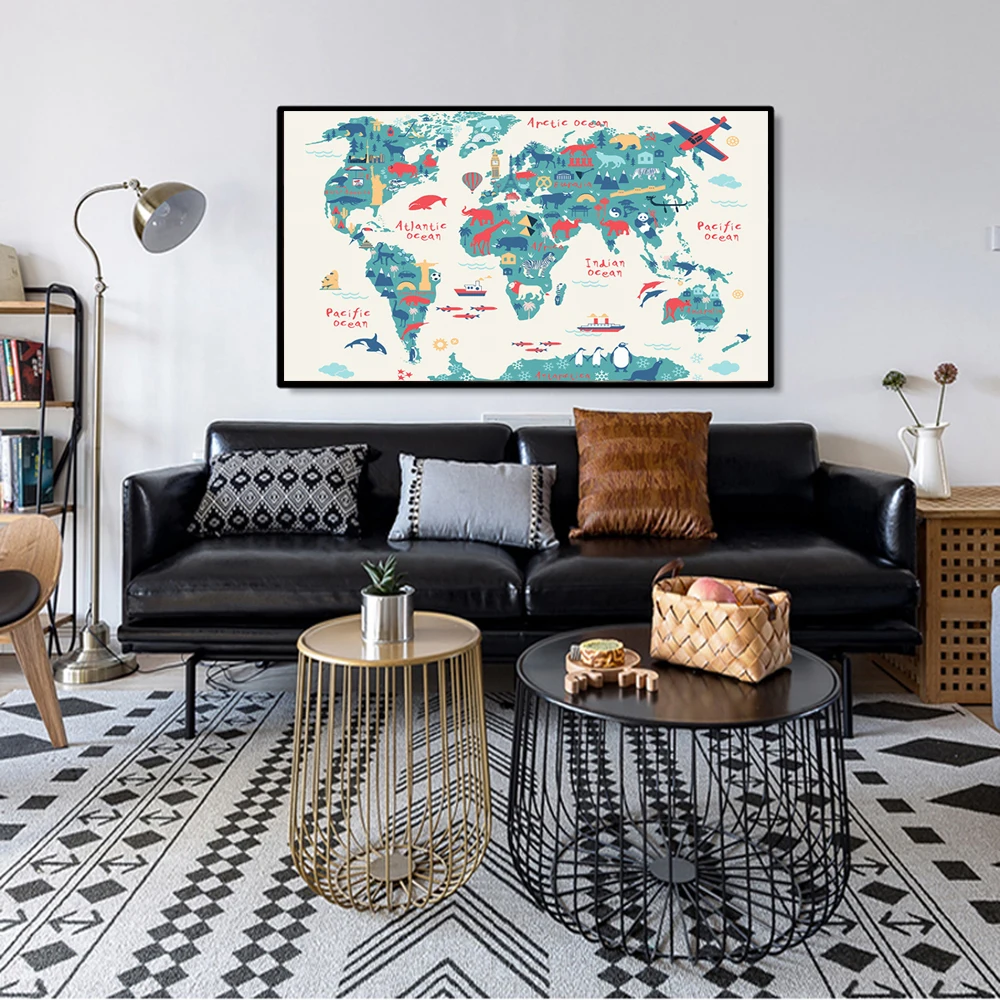

Cartoon Animal Ocean World Map Cavans Painting Child Poster Nursery Baby Enlightenment Wall Art Picture for Kid Bedroom HD Decor