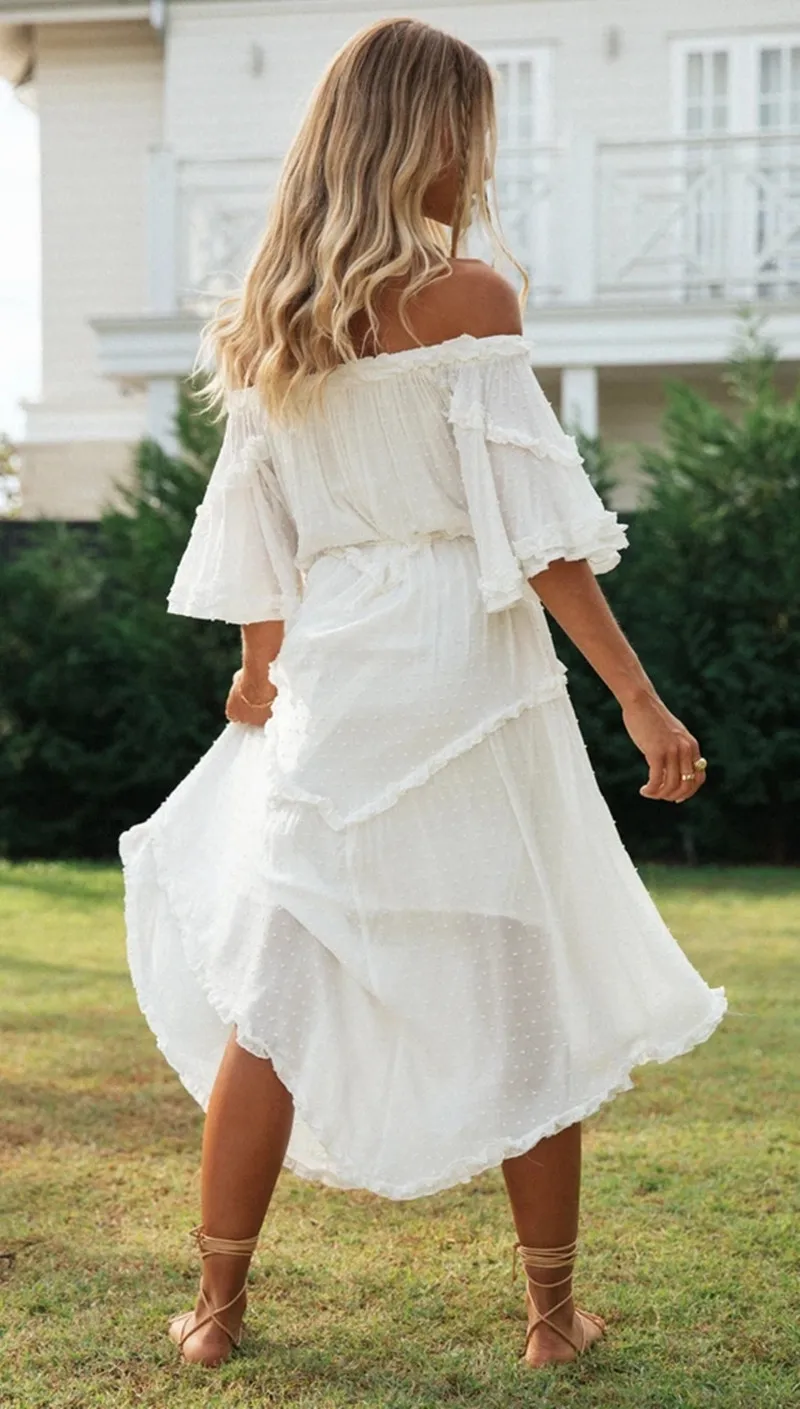 

2021 women's dress with one-line collar sexy bohemian big swing long skirt holiday dress
