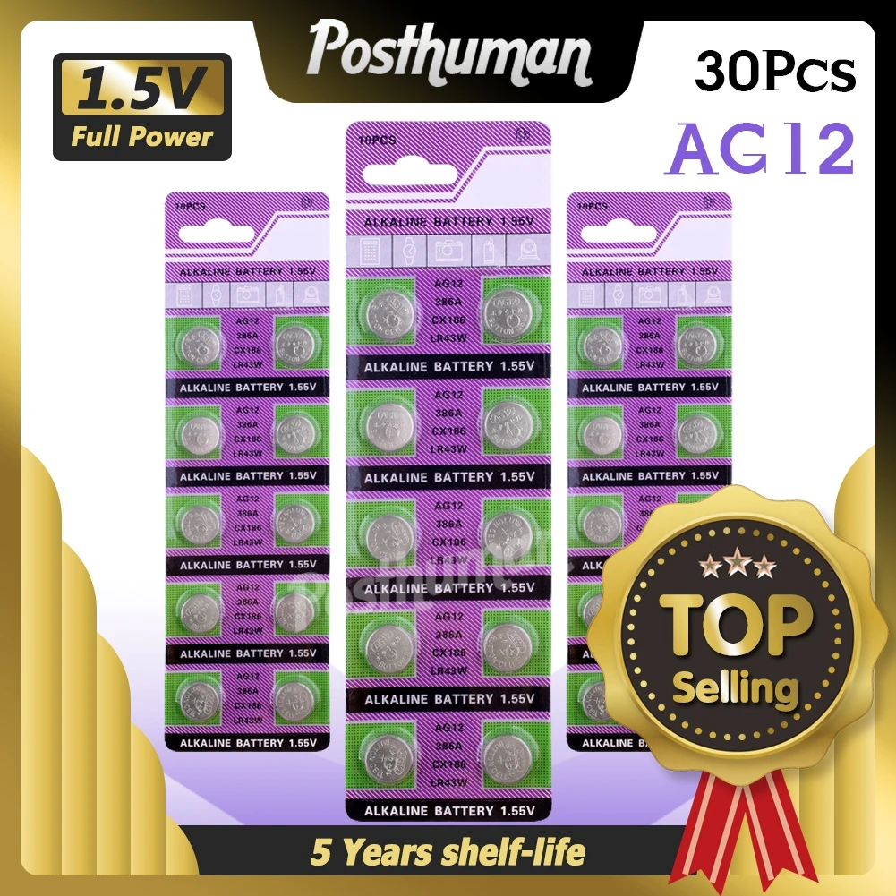 30 шт. щелочные кнопочные батарейки Ag12 1 55 в SR43W R43 SR1142 SB B8 V386 D386 260 S1142E GP386 SG12 LR43 386A