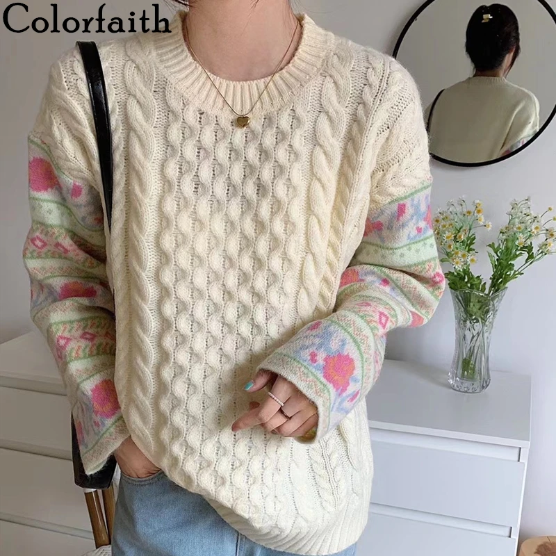 

Colorfaith New 2021 Women Autumn Winter Sweaters Knitted Elegant Floral Warm Fashionable Oversized Vintage Lady Tops SW3155JXK