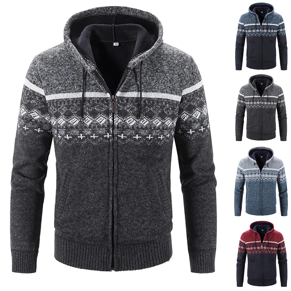 

Мужской теплый трикотажный кардиган с капюшоном, на молнии