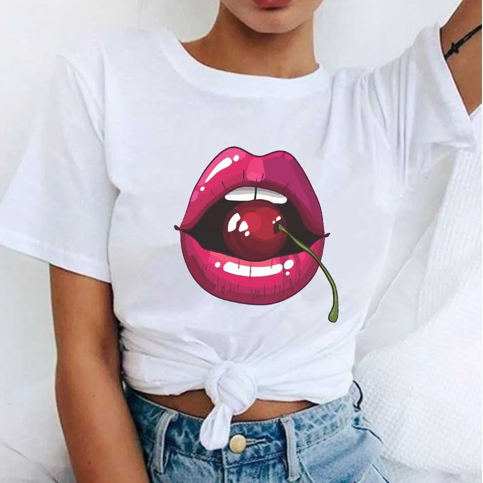 Женская футболка с принтом губ и поцелуев летняя черная забавным леопардовым Vogue