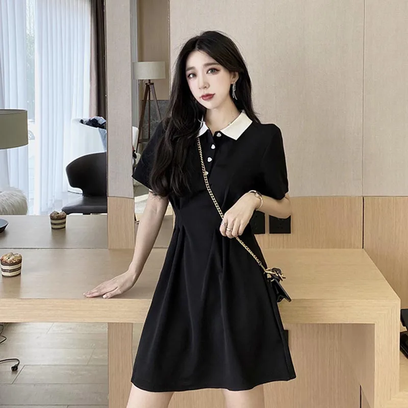 

One-Piece 2021 Korean Style Summer Women'S Chic Dress French Vintage Turn-Down Collar Dress Temperament Thin Elegant Sweet Dress