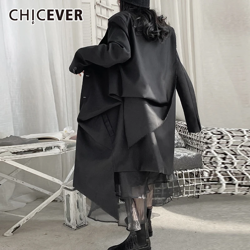 

CHICEVER повседневное черное пальто для женщин воротник с лацканами длинный рукав однотонный минималистичный пальто Женская корейская модная ...