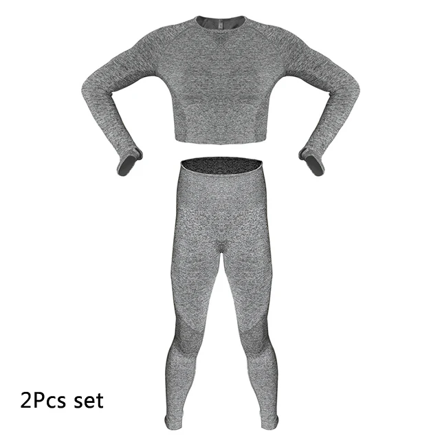 Gray 2Pcs Set Комплект для йоги, женская одежда для фитнеса, бесшовный спортивный топ с длинным рукавом, Леггинсы для йоги, комплект для спортзала, спортивный костюм, спортивная одежда, тренировочный костюм - Цвет: Gray 2Pcs Set