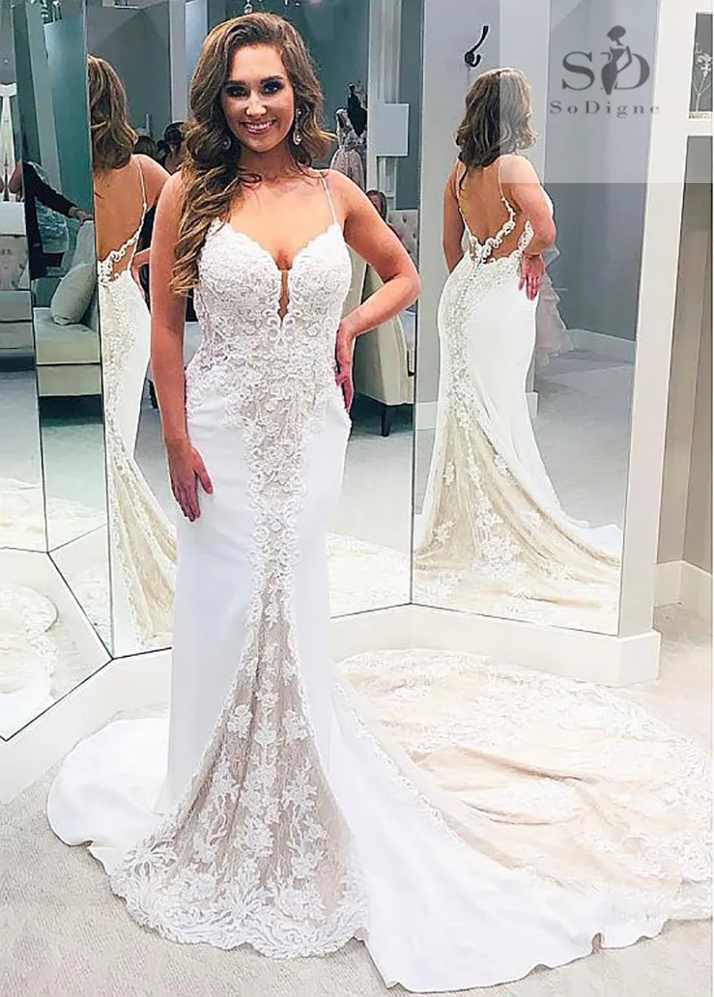 Женское кружевное свадебное платье с юбкой годе и открытой спиной|Свадебные