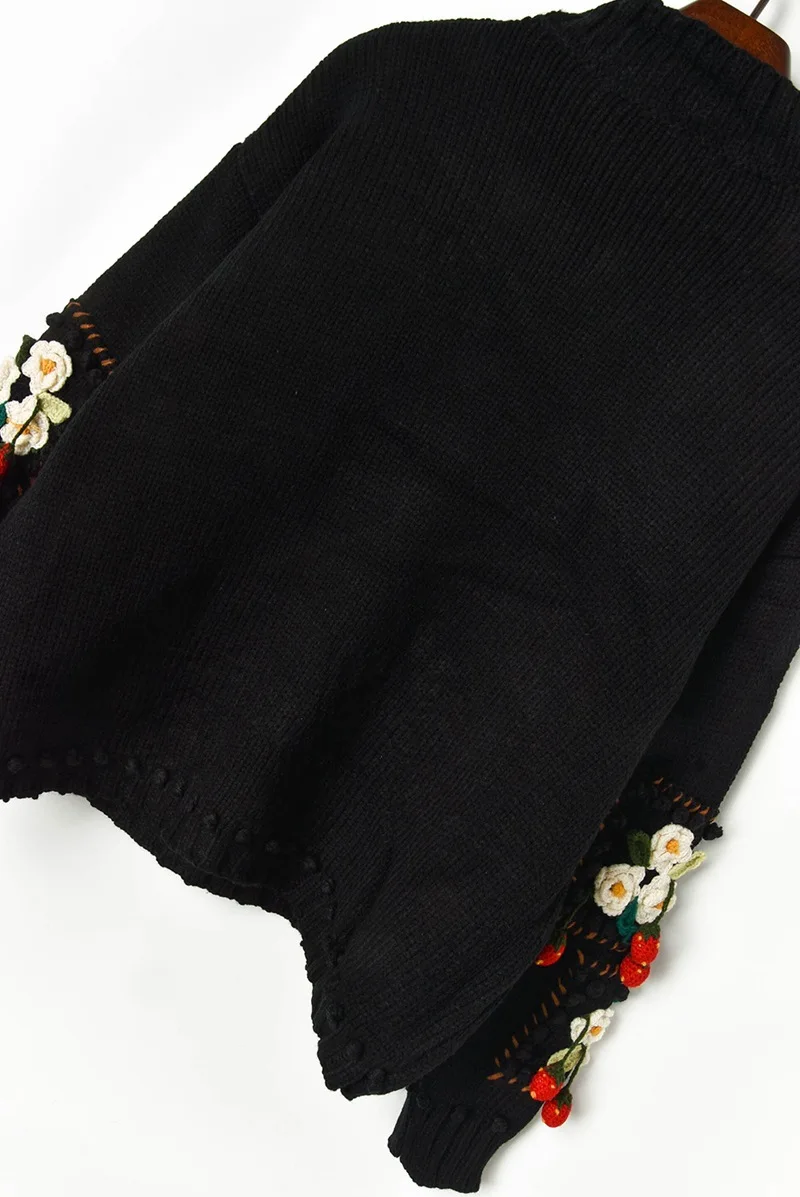 Зимний толстый теплый свитер новинка 2109 с цветочным рисунком и клубникой вязаный