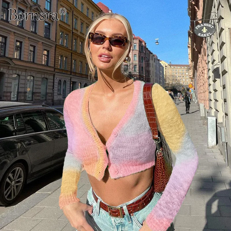 

Bornsra Knitted Cardigan Women 2021 Autumn Cross-border Autumn Seasony Color Knitted Long-sleeved Vintage Woman Cardigan