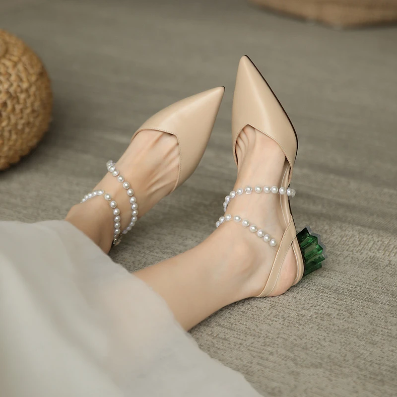 

COVIBESCO Fashion Pointed Toe Women Sandals High Quality Genuine Leather Fashion Pearl Pumps Office Lady High Heels Shoes Woman