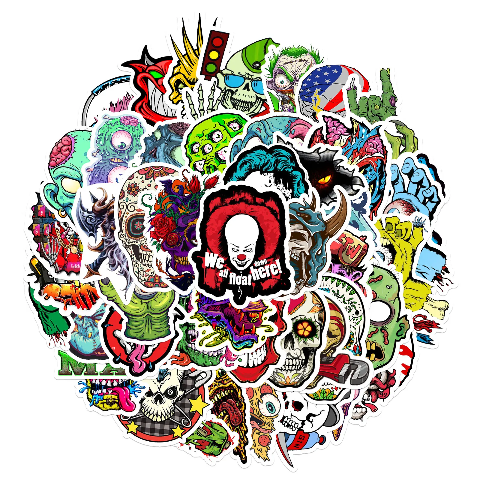 

50pcs Terror Series Sticker Graffiti Skeleton Dark Funny Stickers for DIY Sticker on Travel case Laptop Skateboard Guitar Fridge