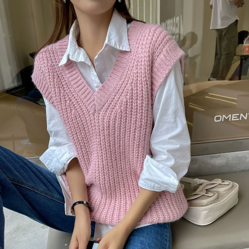 

Kimotimo Mohair Knitted Vest Women 2021 Autumn New V-neck Loose Sleeveless Sweater Korean Ins Casual All-match Solid Waistcoat
