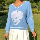 Женский свитер с принтом черепа, свободный трикотажный свитер в стиле Харадзюку С V-образным вырезом, модель Y2K, шикарная уличная одежда, цвет голубой