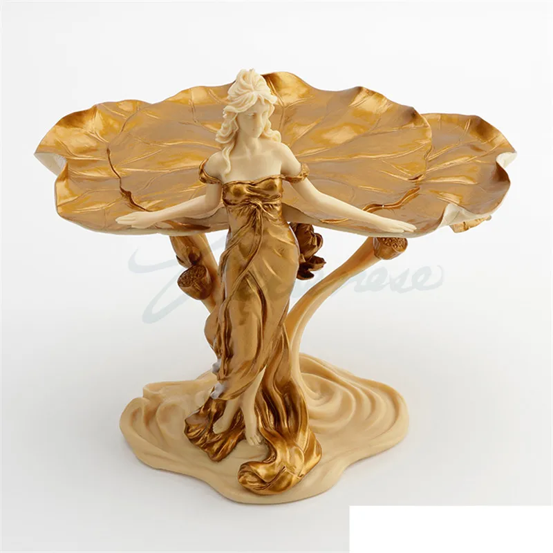 

CHINA CREATIVE WOMAN LOTUS LEAF STATUE JEWELRY DISH ART SCULPTURE RESIN CRAFTS DECORATIONS FOR HOME BIRTHDAY GIFT R3206