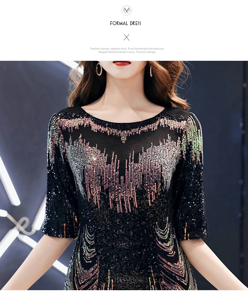 Robe De Soiree Новое Сексуальное вечернее платье с блестками, о-образный вырез, половина рукава, макси платье, вечерние платья для выпускного вечера AE474