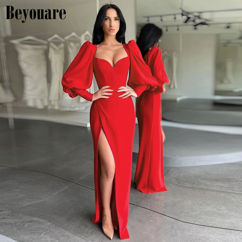 

Beyouare Lantern Sleeve Women Evening Gala Dress High Split Square Collar Shrug Chic Vintage Party Elegant Floor-Length Dresses