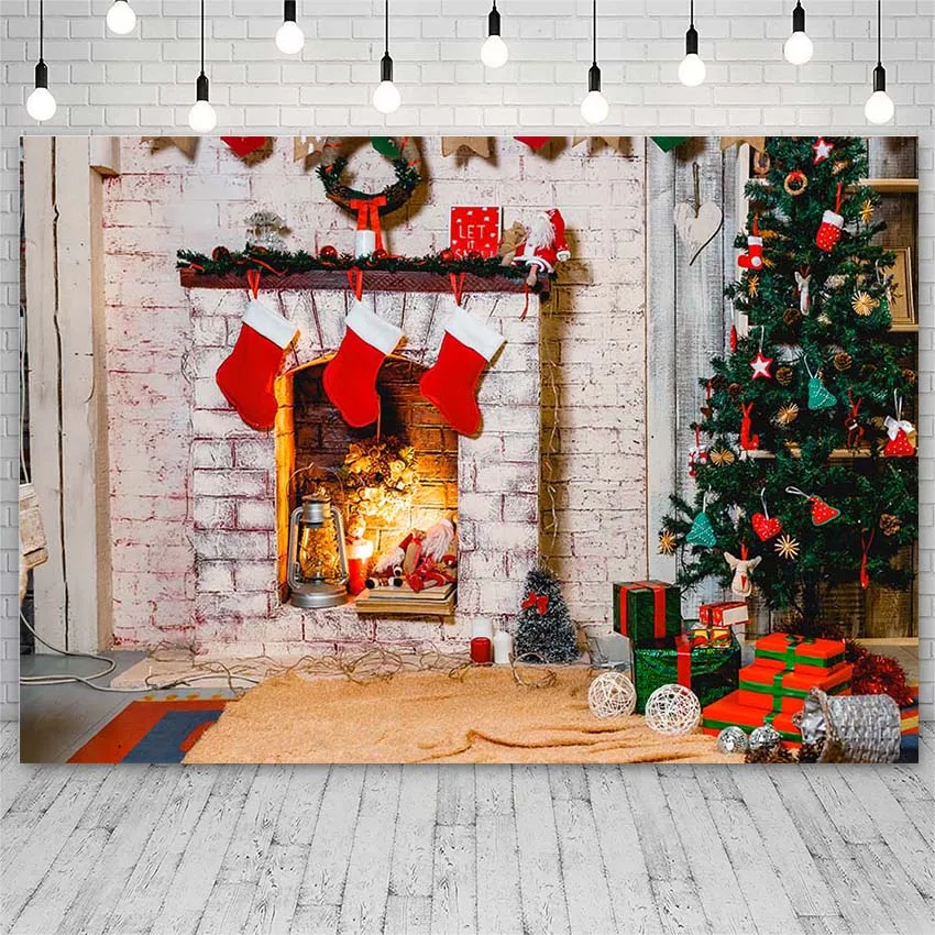 

Avezano Backdrop Merry Christmas Winter Fireplace Socks Wreath Photography Background For Photo Studio Photozone Photocall Decor