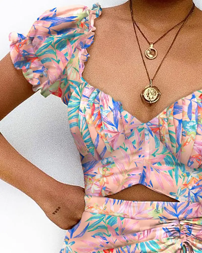 

Summer Short Sleeve Ruffles Design Irregular Dress Women Sexy Cutout Front Ruched Puff Sleeve Print Mini Dress