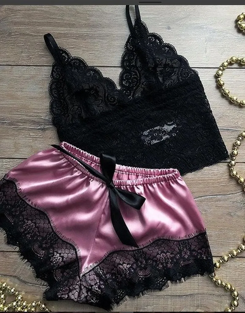 QWEEK Womens Pajamas Sleepwear Sexy Lace Lingerie Summer Thin Pyjamas Women Set Sexy V-neck Backless Pijamas Female Dropshipping