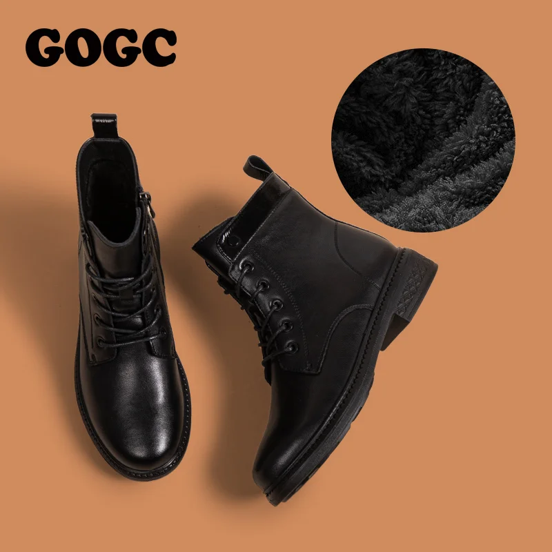 

GOGC Winter Women Ankle Boots 2021 Autumn Warm Black Leather Motorcycle Non-slip Waterproof Female Platform Boots Shoes G9018