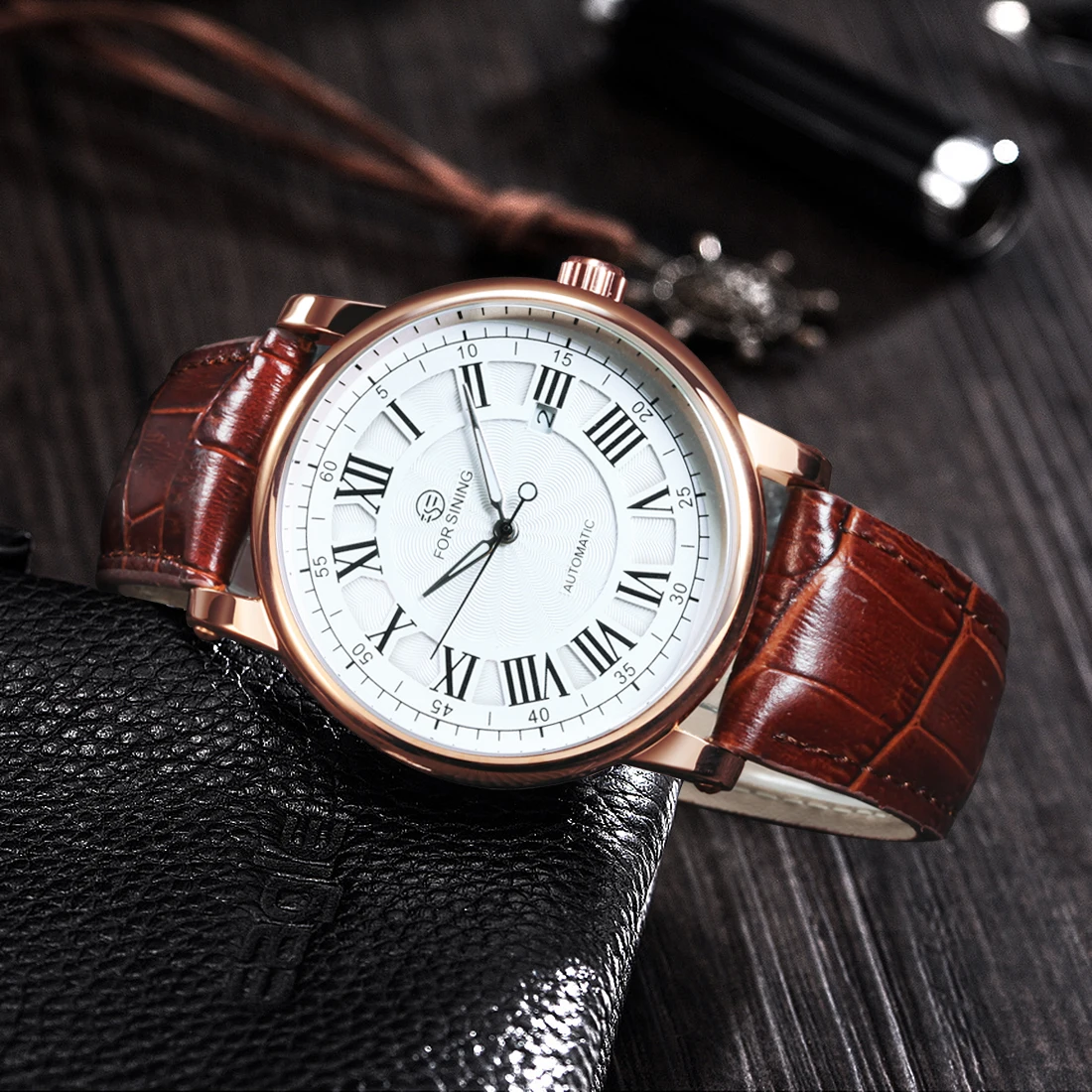 FORSINING Casual Watches for Men Fashion Simple Automatic Mechanical Leather Strap Auto Date Classic Dress Wristwatches | Наручные часы