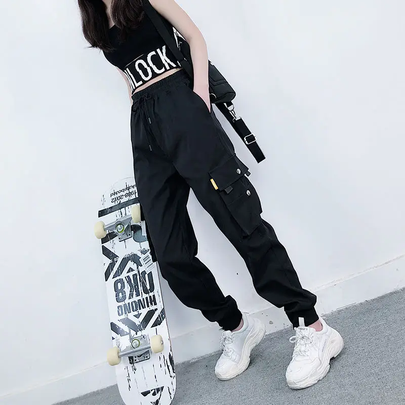 Street Style Chic Hippie Pants Women Streetwear Summer 2021 Black Pockets Zipper Open Hip Hop High Waist Trousers | Женская одежда