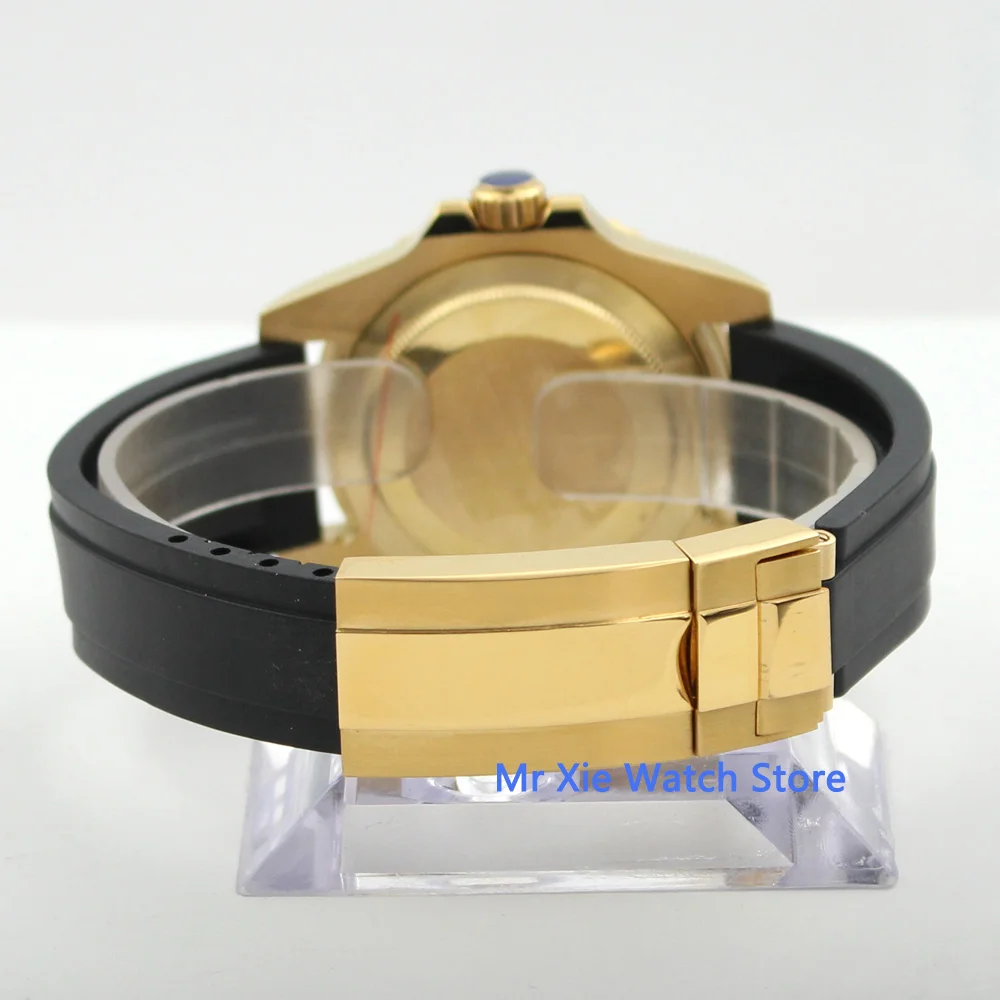 

40mm Gold Coated Watch Case Rubber Strap with Gold Buckle Fit DG MINGZHU 2813 MIYOTA 8215 Movement