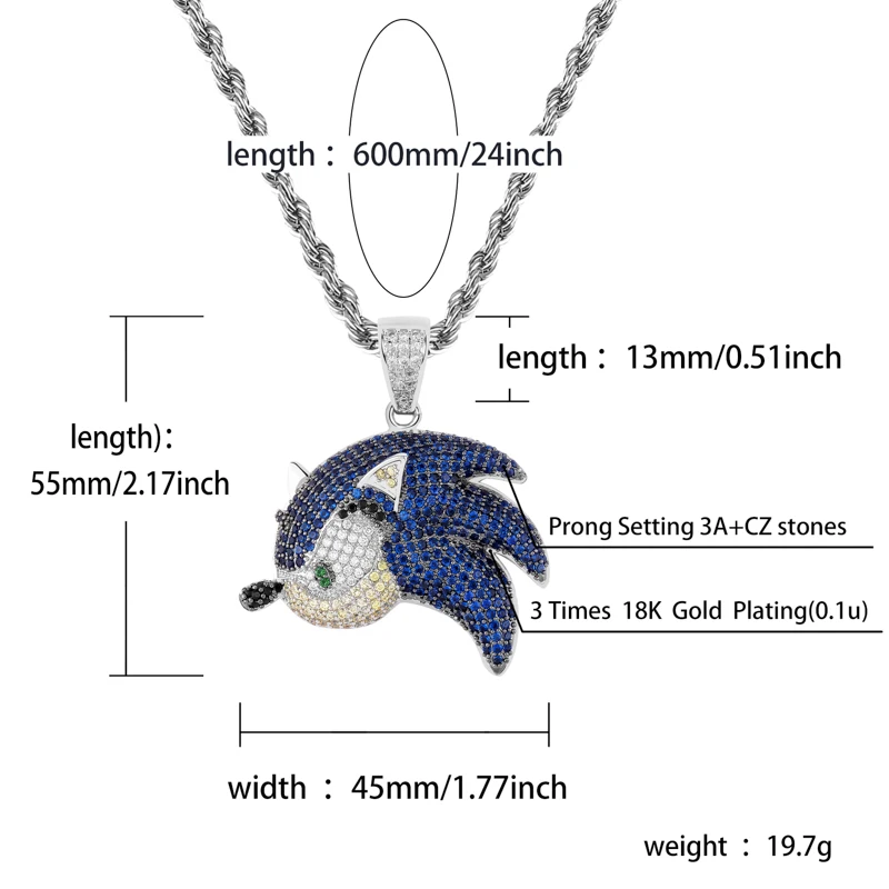 

TOPGRILLZ SonictheHedgehog Series Pendant Necklace Iced Out Chain Bling Cubic Zircon Personality Hip Hop Rock Jewelry For Man