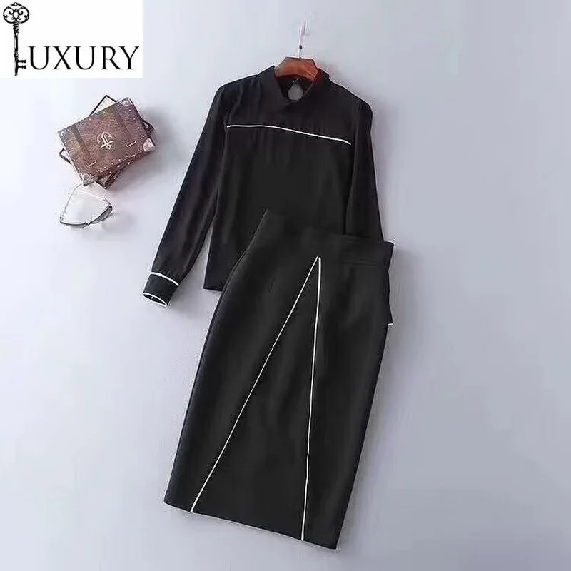 Work 2020 Autumn Fashion Suits Women Turn-down Collar Long Sleeve Shirts +Mid-Calf Length Sexy Bodycon Skirt Sets Plus Size XXL